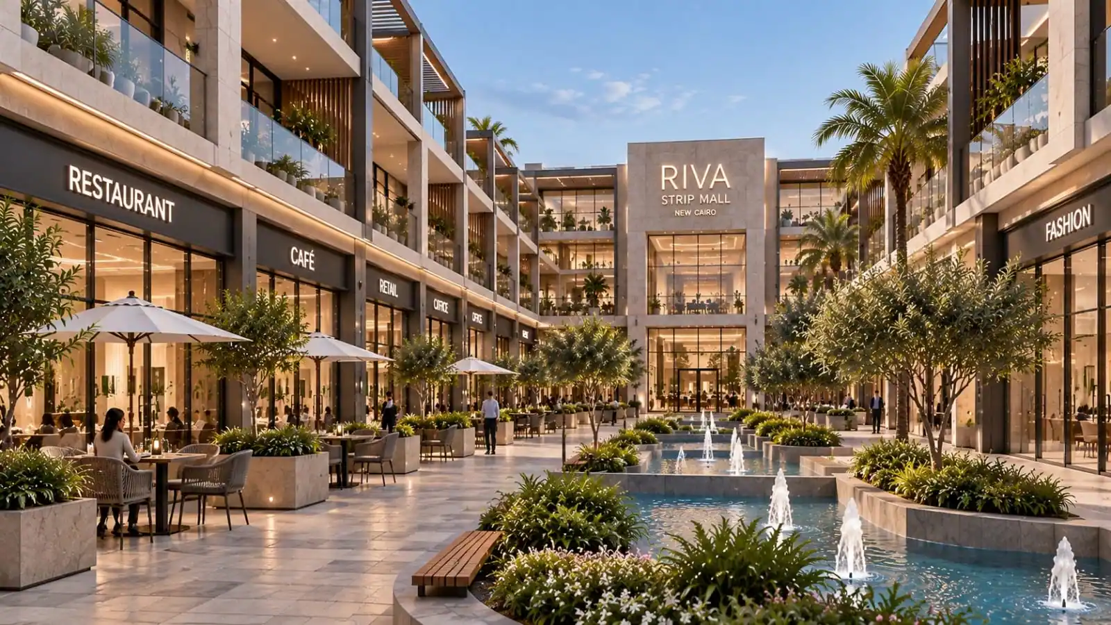 RIVA Strip Mall's commercial frontage, with restaurants and shops opening onto the street